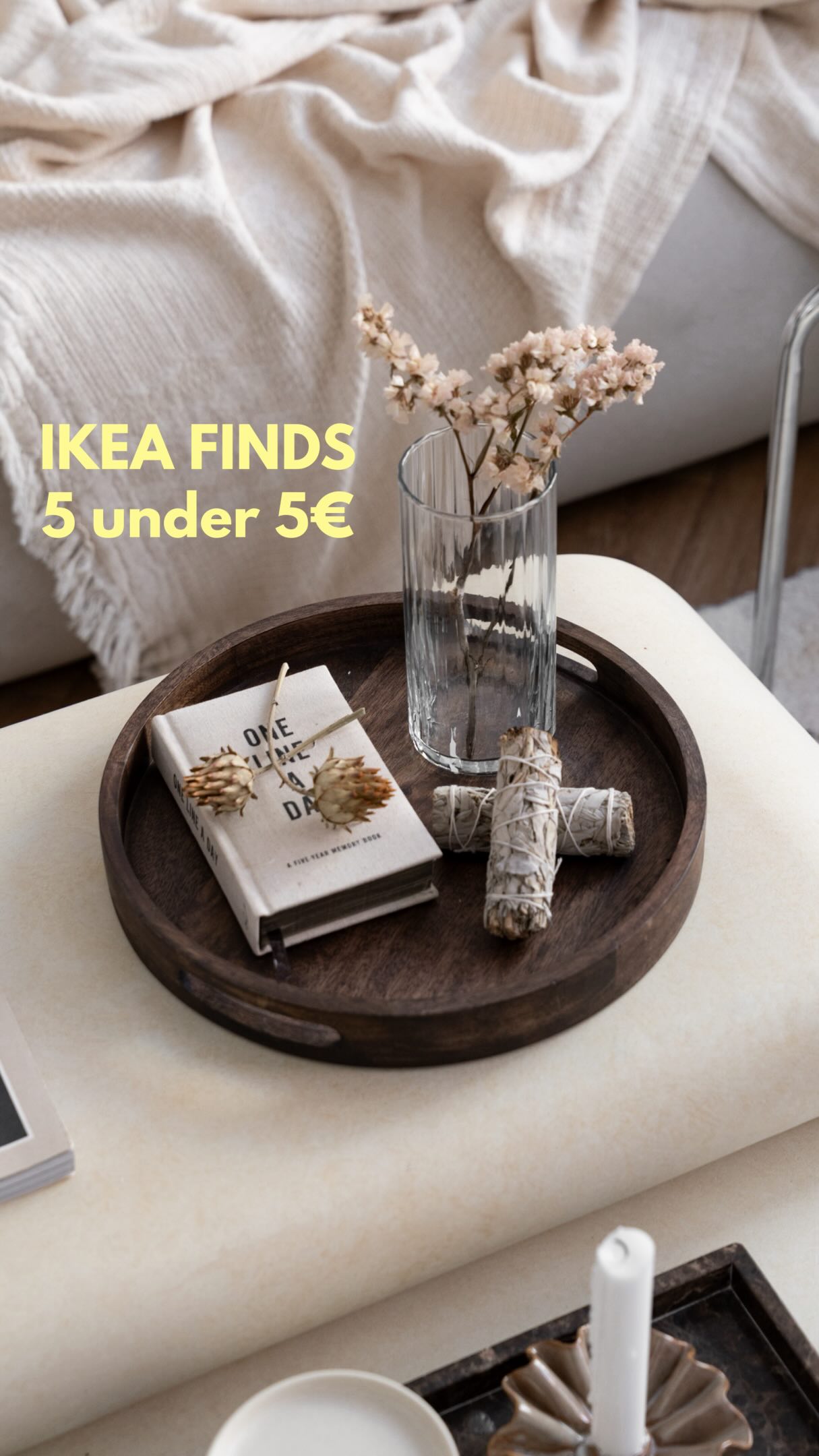 IKEA Finds 5 under 5€ - September 2026, 1. PÄRLGLADA - Vase - 4,99€, 2. SYRENBUSKE - Kissen - 4,99€, 3. HÖSTAGILLE - Tasse - 3,99€, 4. HÖSTAGILLE - Kerzen - 3,99€, 5. SYRENBUSKE - Kissen