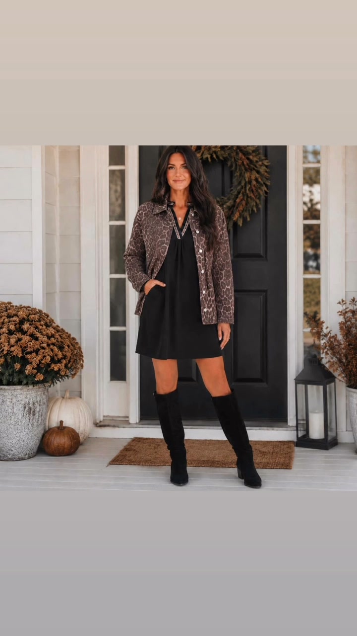 The sweetest black dress paired with a trendy leopard jacket and knee-high boots! This effortless outfit is perfect for fall days, date nights, church, or any occasion when you want to feel cute and 