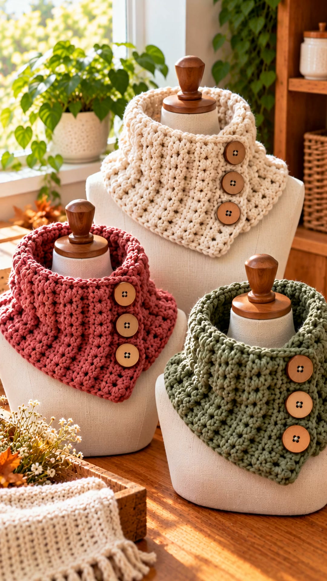 Pink crochet neck warmer with buttons and fringe pattern