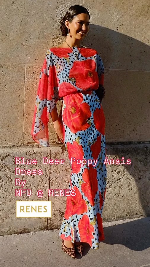 blue and red poppy dress 🌟Two hero prints coming together creating one iconic dress🌟, 🥀BLUE DEER ANAIS PRINT🥀, A poppy print over a light deer print is the basis of the Anais featuring an a-symmetric Maxi dress