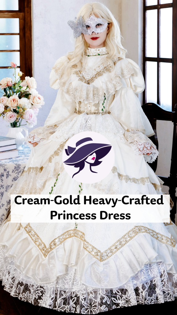 Cream‑Gold Heavy‑Crafted Princess Dress✨, Intricate gold‑thread lace, total noble princess vibes🤍, #princessdress #white dress #cosplay #masqueradeball #themeparty | Antik Dress