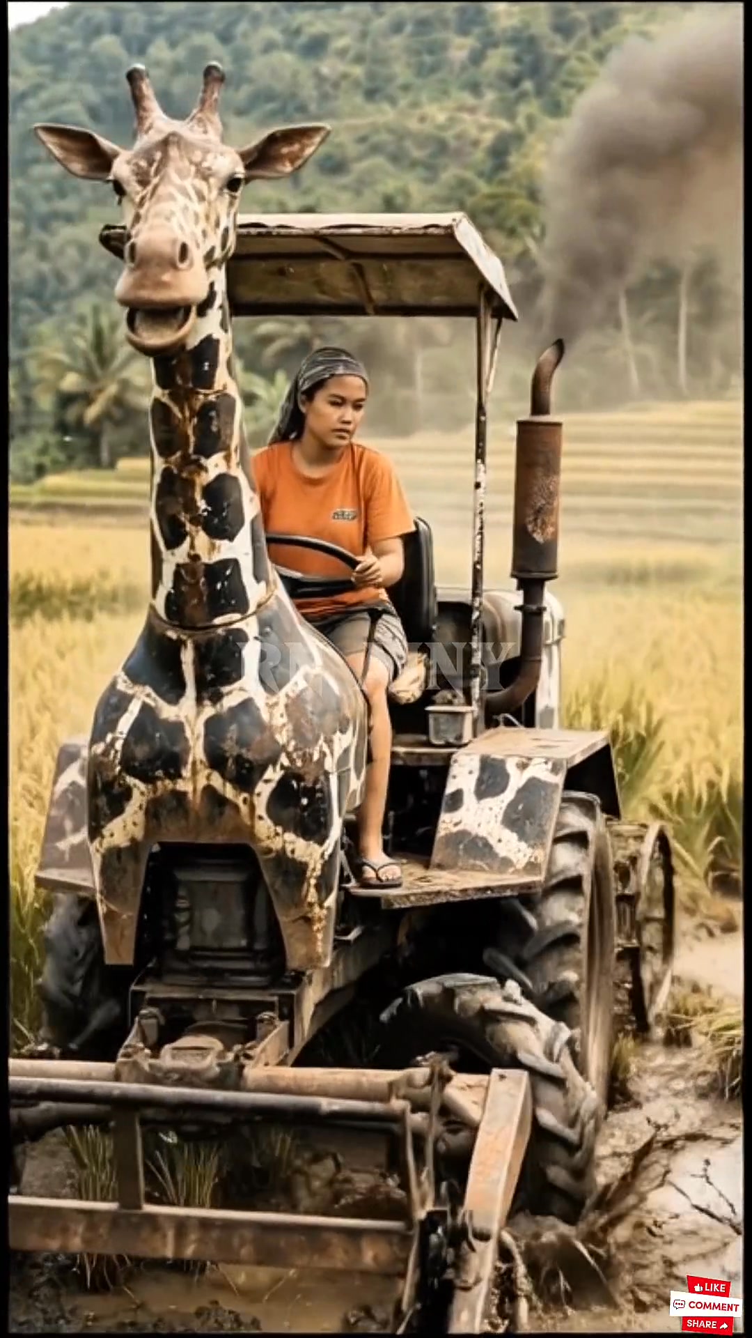 A rusty giraffe-shaped farm tractor harvesting rice/ Un tractor ...
