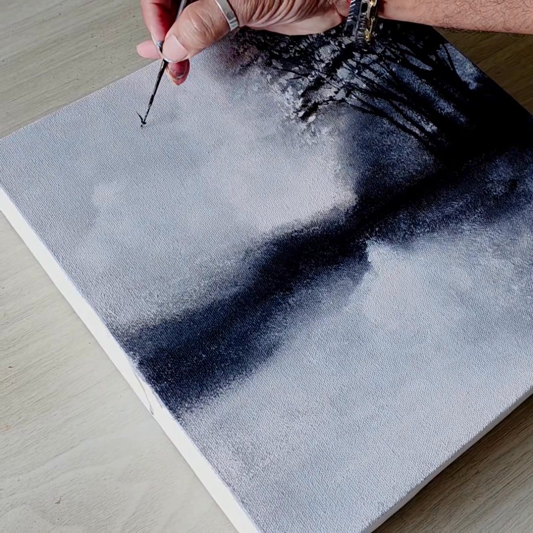Easy acrylic painting technique 😍😍 Easy black and white painting 🎨 ️ ️