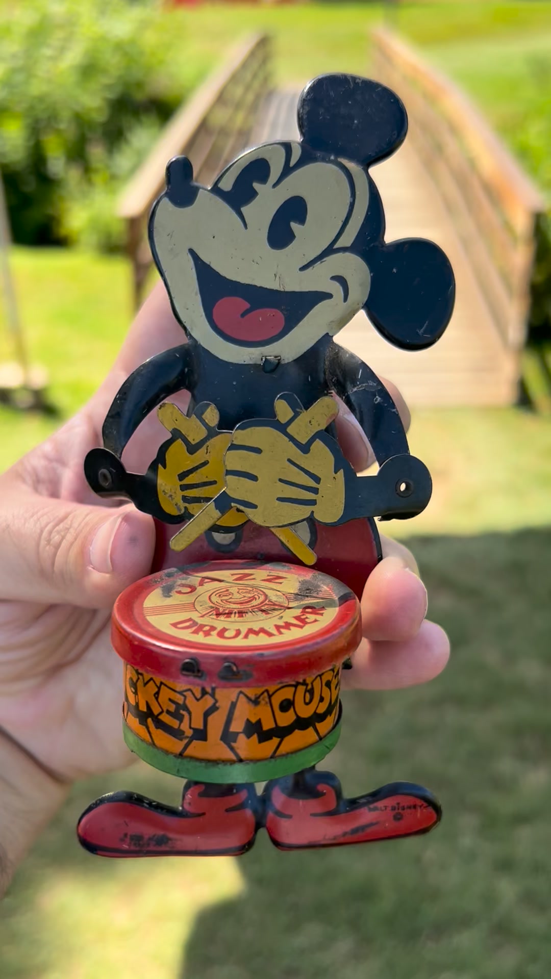 Vintage Disney Mickey Mouse jazz drummer tin toy found at