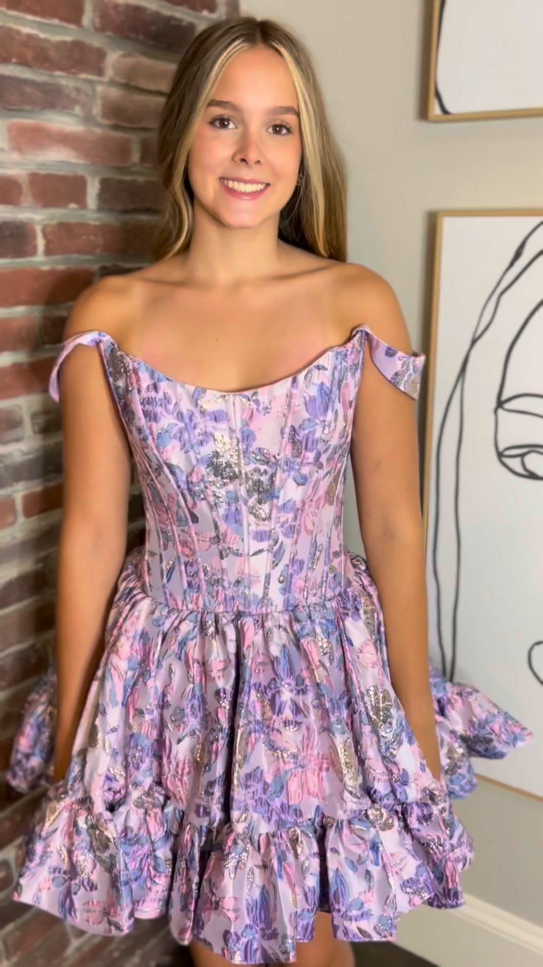 BROCADE🌸, This delicate floral fabric gives us all the feminine feels this homecoming season! , Your perfect dress is waiting for you at Amandas Touch! , 📍Harrisonburg Location⁠, ⁠,