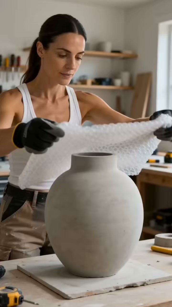 🫧➡️🤍🏺 BUBBLE WRAP → PEARL-TEXTURE DESIGNER VASE! ✨, From simple bubble wrap to a luxury pearl-inspired cement vase! 🤯 The soft ivory finish, delicate rounded texture, and subtle gold band make this