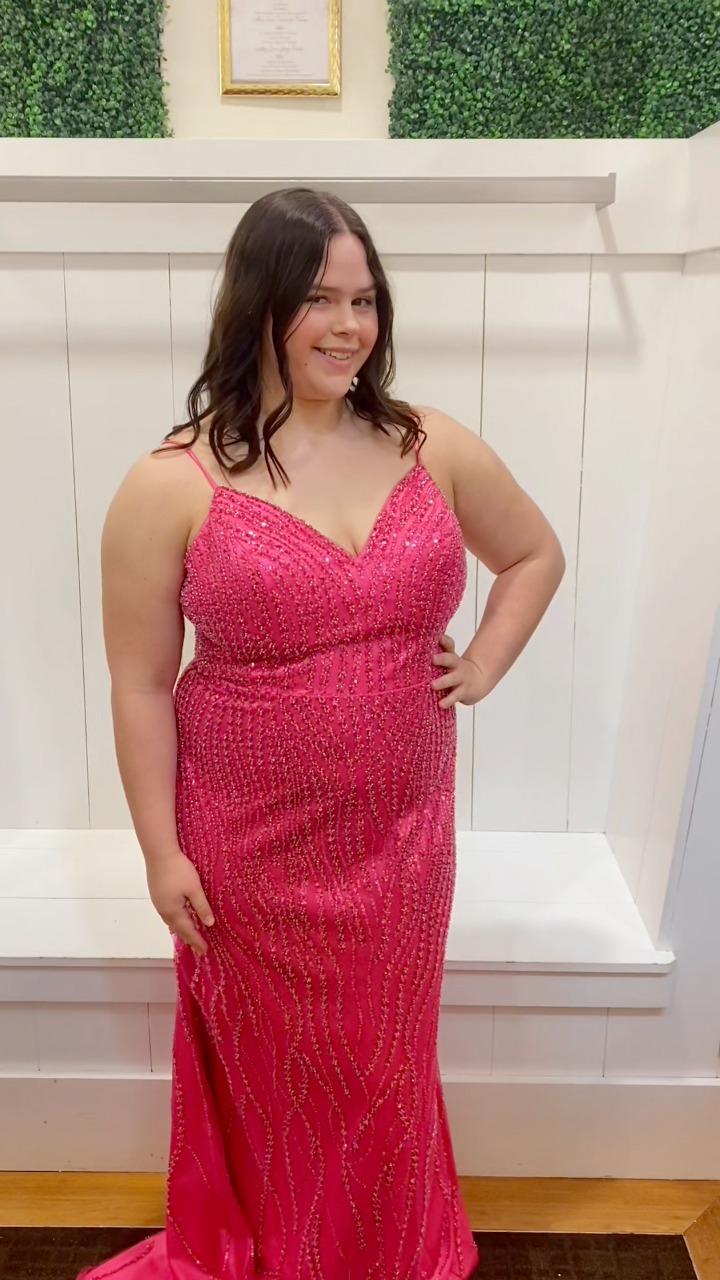 open lace back dress Jovani 44440 Size 14 Fuchsia Beaded Sequin Prom Dress Backless Formal Slit Gown 3D Evening Gown