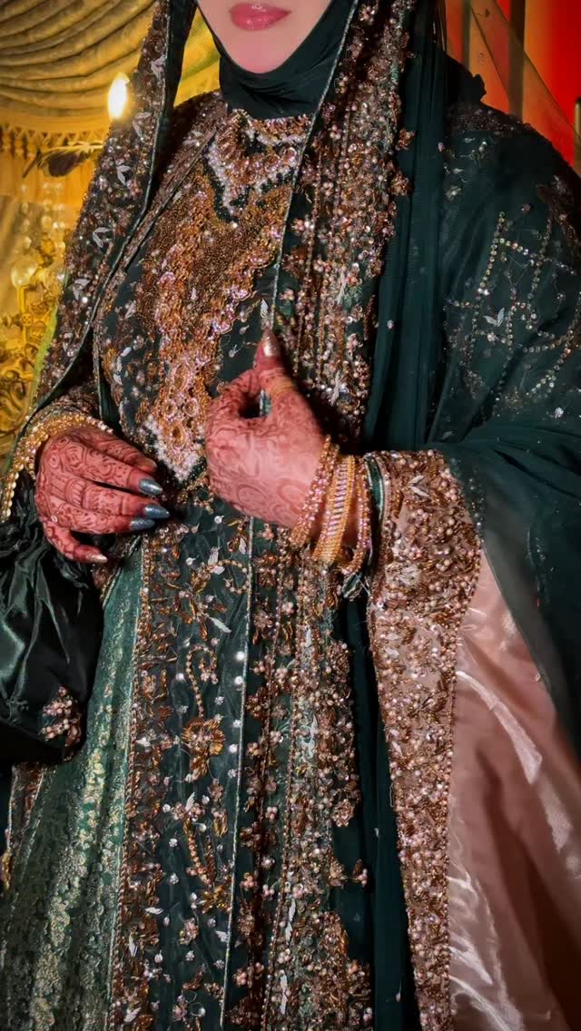 dark green pakistani bridal dresses Premium Bridals ✨, [ Hijabi Bride, outfit, green, Luxury makeup, KayAli perfumes, cinematic, Hyderabad brides, Makeup artists ] | Makeup by Iman Zaidi Complete the Look:Heirloom Trio (Dress + Mariposa Party Hat + Margot Fairy Wings) Zara Floral Print One Shoulder Bottle green lehenga This sweetheart neckline and