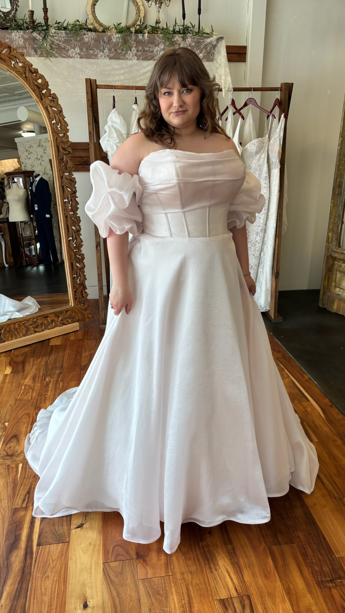 One of our favorite gowns in the store, style Mae by Essense of Australia ✨, Effortless elegance meets Greek goddess inspired beauty in a minimalist matte satin wedding gown designed for the modern 