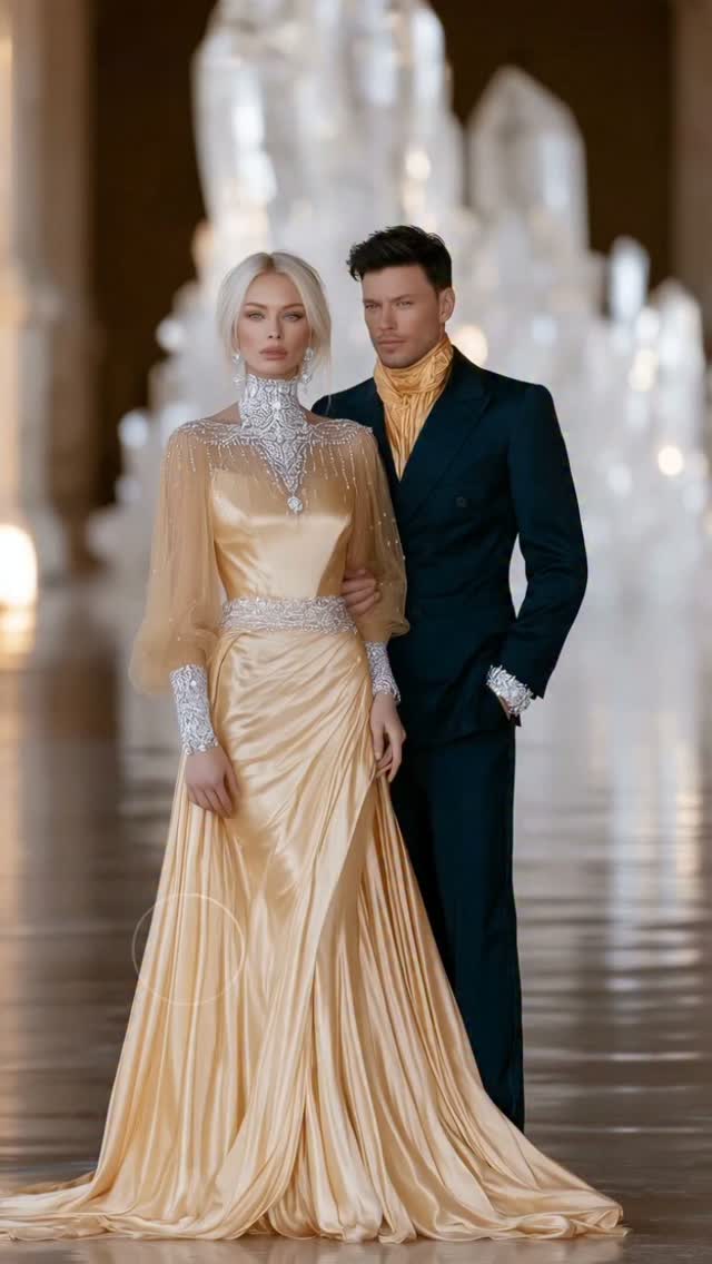 Caption: Where liquid gold meets crystal light. A quiet statement of couture elegance., #HauteCouture #CoutureFashion #LuxuryFashion #AIFashion #FerdiyeErmis | FE by Ferdiye Ermiş