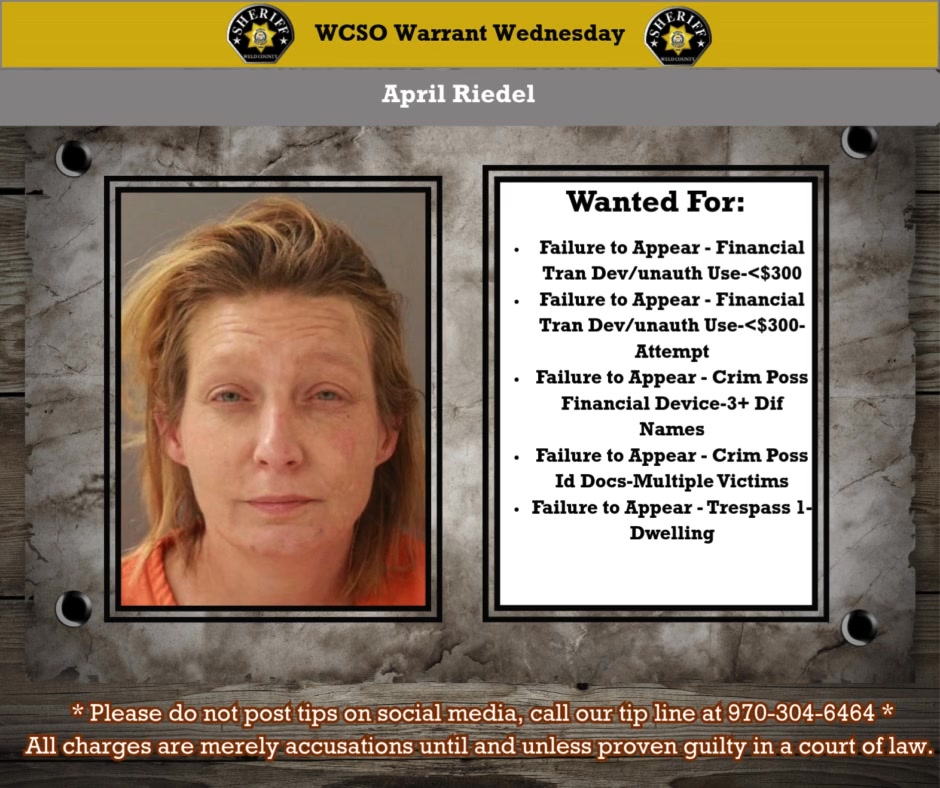 ⭐WCSO Warrant Wednesday⭐ This week, be on the lookout for April Riedel ...