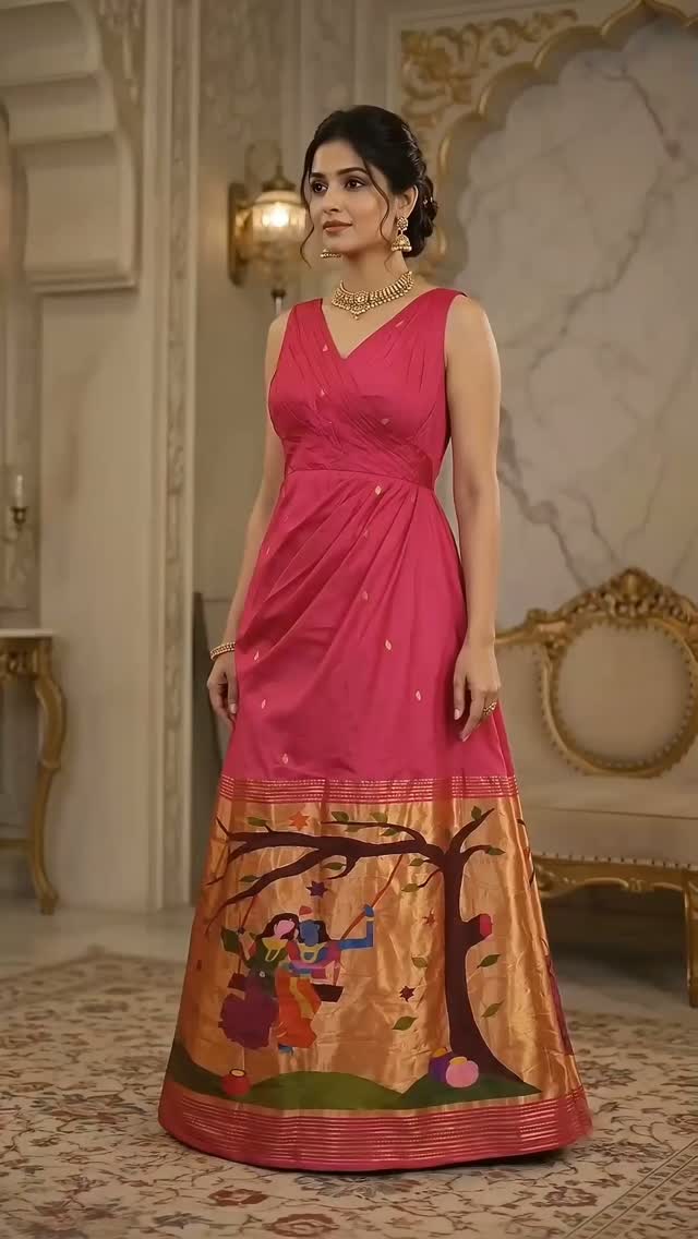 formal & gown paithani dress for women Tradition reimagined the modern muse. 🥻✨💖, ​Step out in effortless grandeur with our Custom Dress! Tailored in a striking rani pink pure silk silhouette with sleek pleating, this is gown for festive events