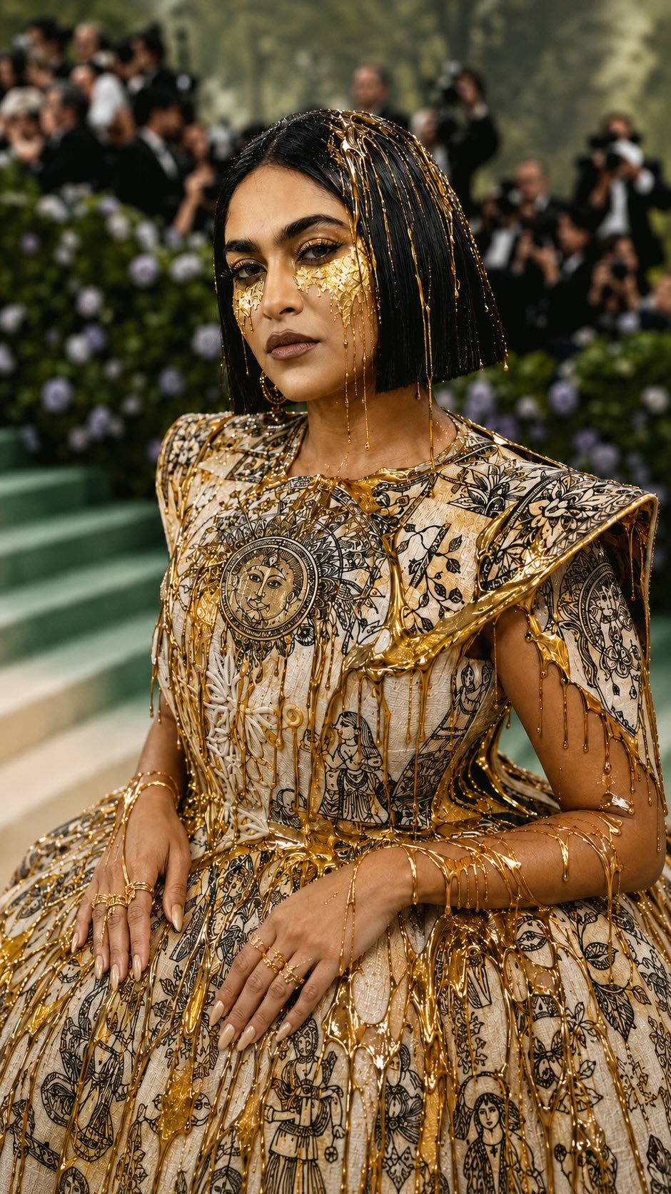gold dress symbolism Met Gala 2026 , Wore a story instead of a gown , Madhubani art painted across ivory silk in black ink and 24k leaf carrying the Sun God, Kohbar symbols and fragments of tradition from Mithila. as-seen-on