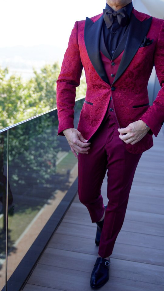 black dress shirt with burgundy bow tie & Fiore Look: Handmade Menswear by Sebastian Cruz Couture These are the measurement