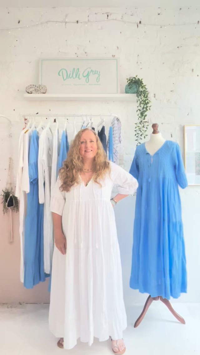 A beautiful micro drop of our nicknamed ‘cloud dresses’ so named as they are softer than butter and swish around your skin in the most deliciously calming and soothing way! The new sky blue is the 