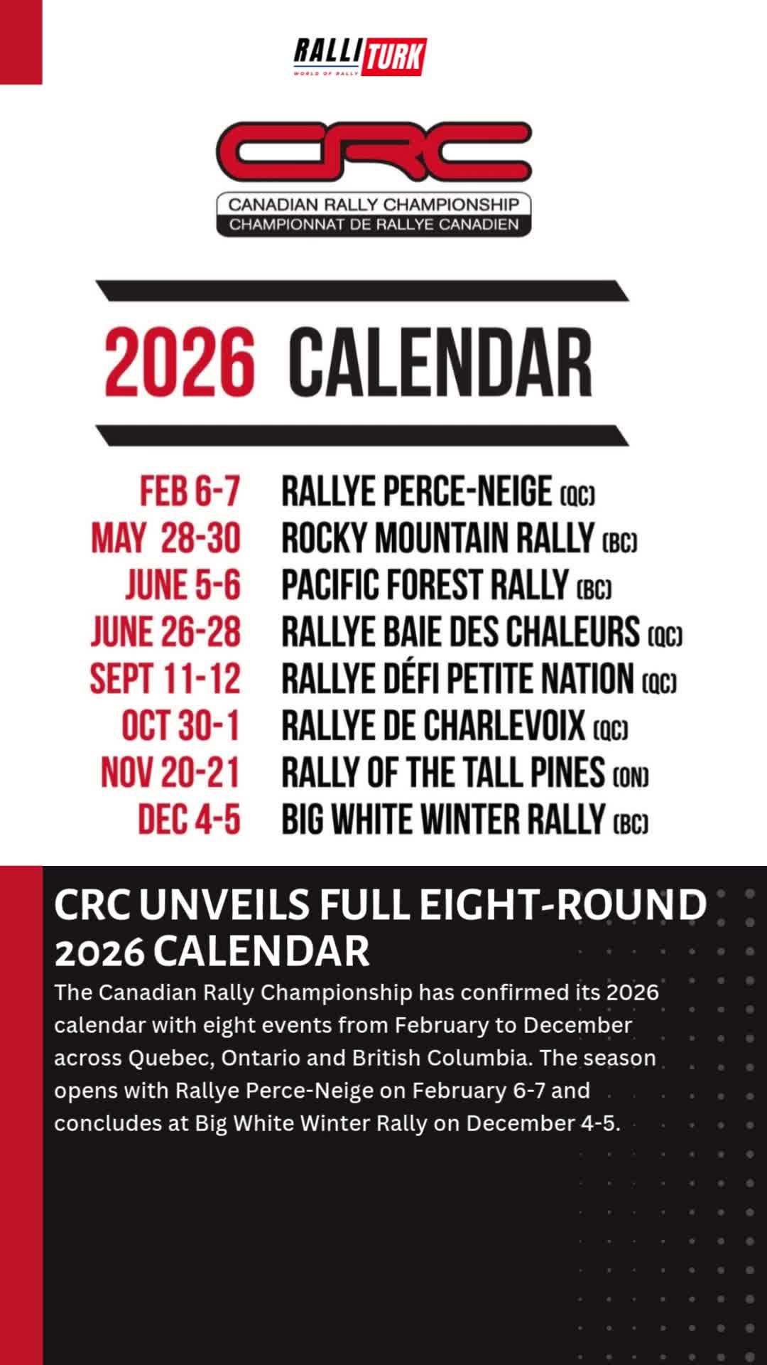 CRC UNVEILS FULL EIGHT-ROUND 2026 CALENDAR | The Canadian Rally ...