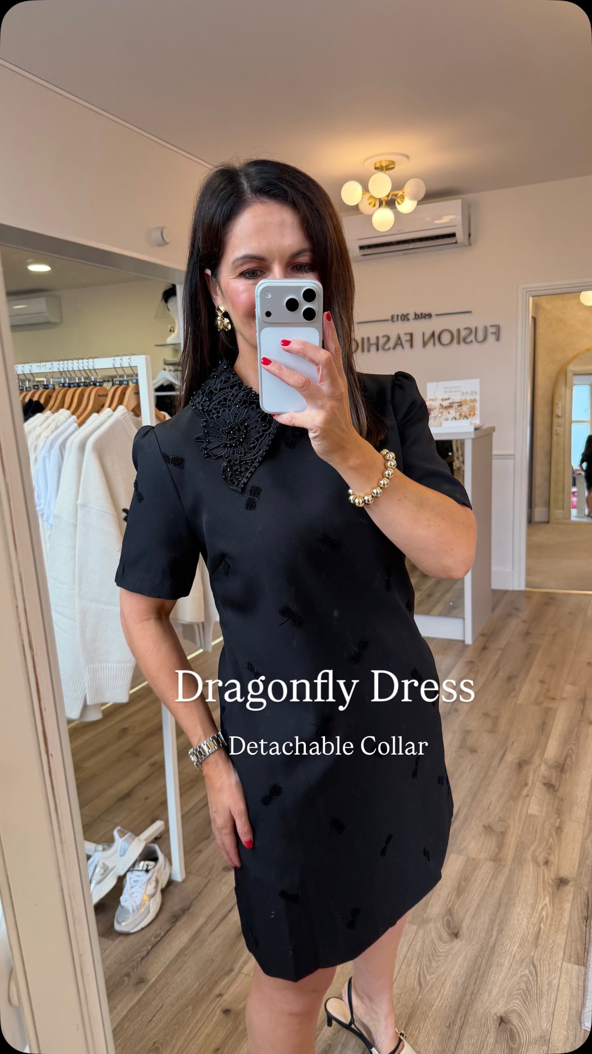 black beaded collar dress 🖤 Super popular dress… Dragonfly with detachable collar, wear without for work., Shop online now before it’s gone , https://fusionfashion.ie/products/dragonfly-black-beaded-collar-mini-dress, Flowy White Vacation Dress KF15 Back skirt slit Size:16 1/2 x 35