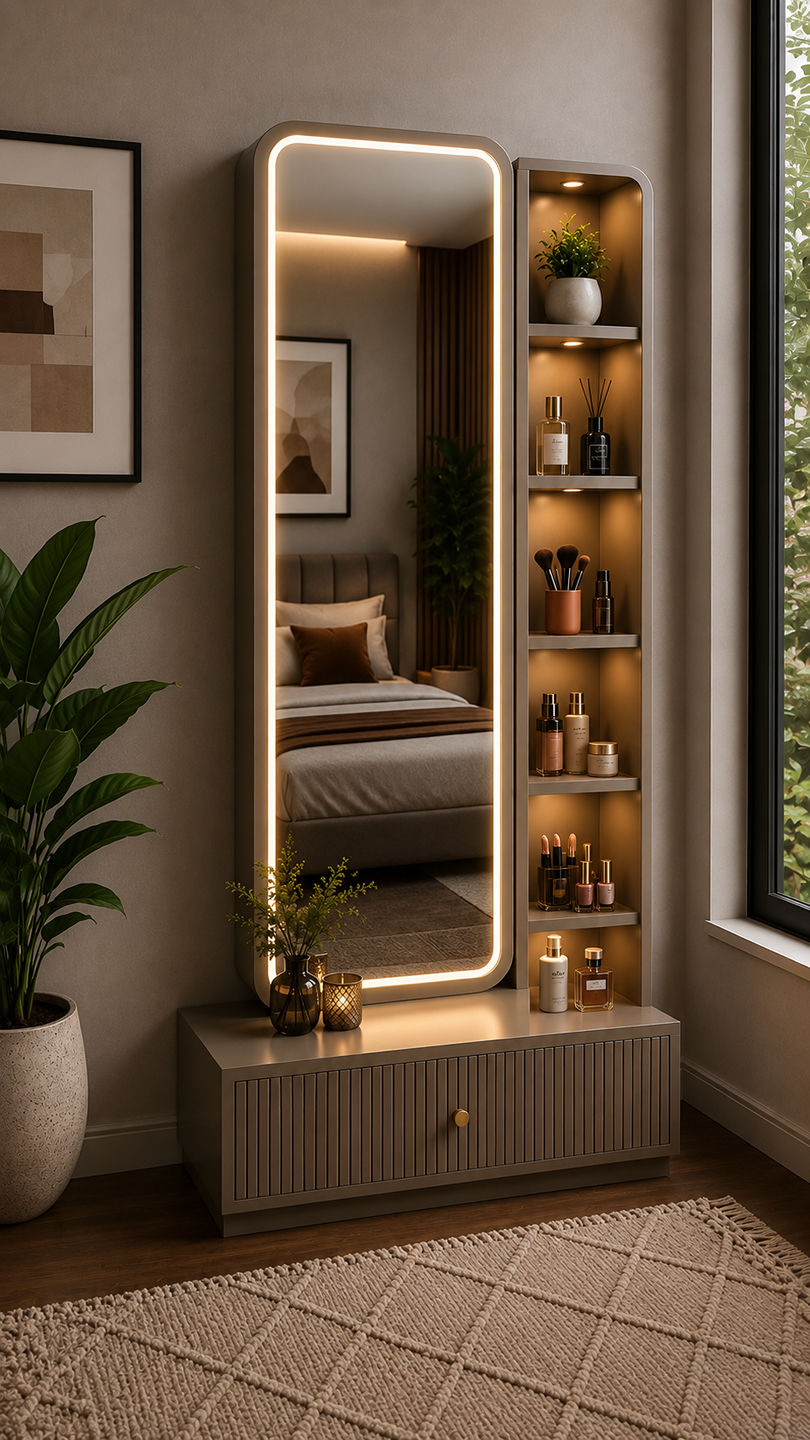 ✨ Empty wall to dream dressing unit! 🖤, Fluted drawer panels, brass handles, a backlit mirror, and perfectly organized shelves for all your essentials this is what a functional yet luxury dressing 