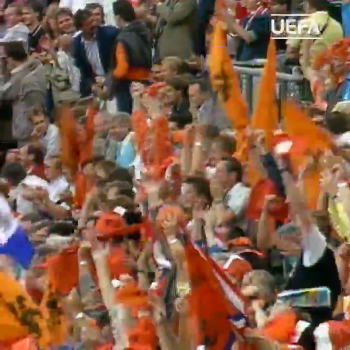 Ruud Gullit of the Netherlands (10) heading the ball past Rinat