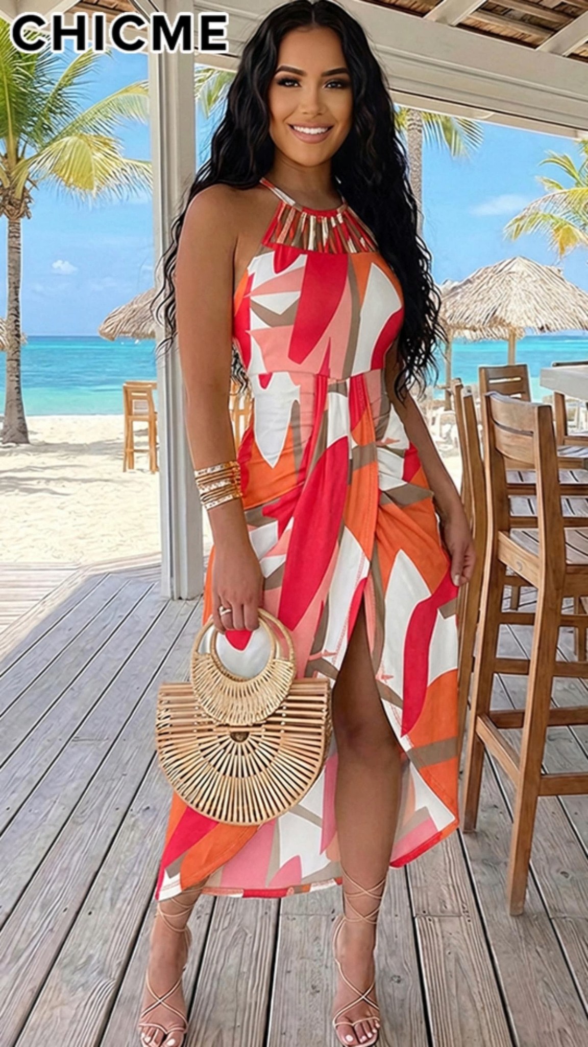 CHICME Geometric Print Midi Dress for Summer Vacation and Date Night
