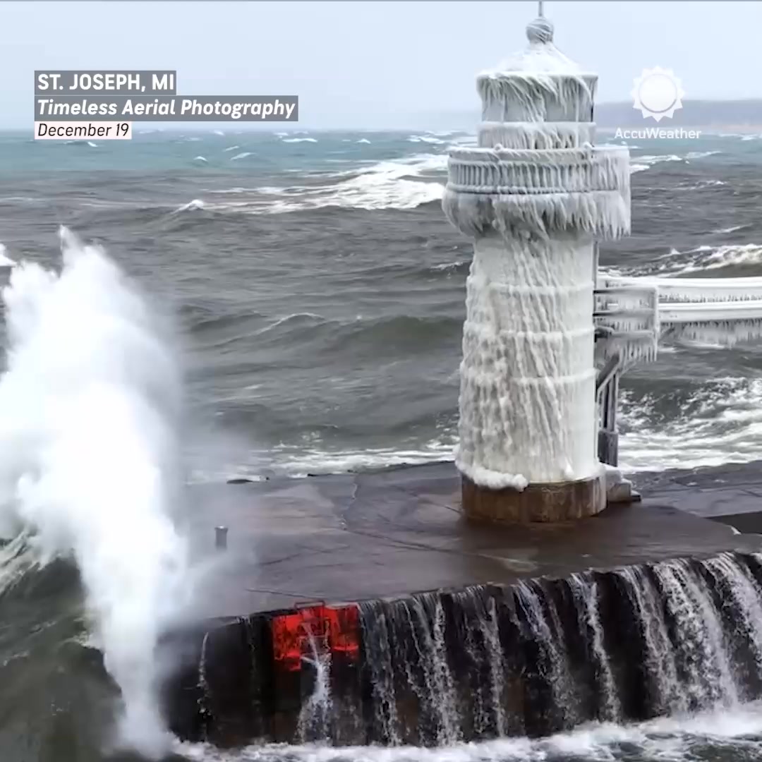 Drone video captured massive waves slamming a completely frozen ...