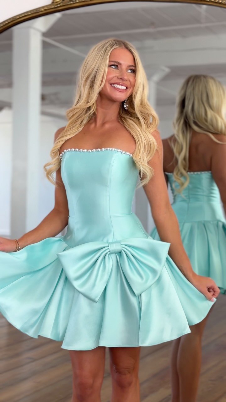 Mint Strapless Homecoming Dress with Bow and Pearls at Girli Girl Boutique Buford GA
