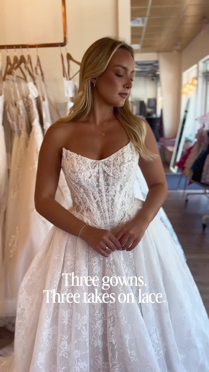 Three gowns. Three completely different takes on lace. 🤍✨ Which one are you choosing?, 🌿 1 — Ryland by Maggie Sottero, Romantic, dimensional, and effortlessly bridal., 🤍 2 — Samira by Rebecca Ingram, 