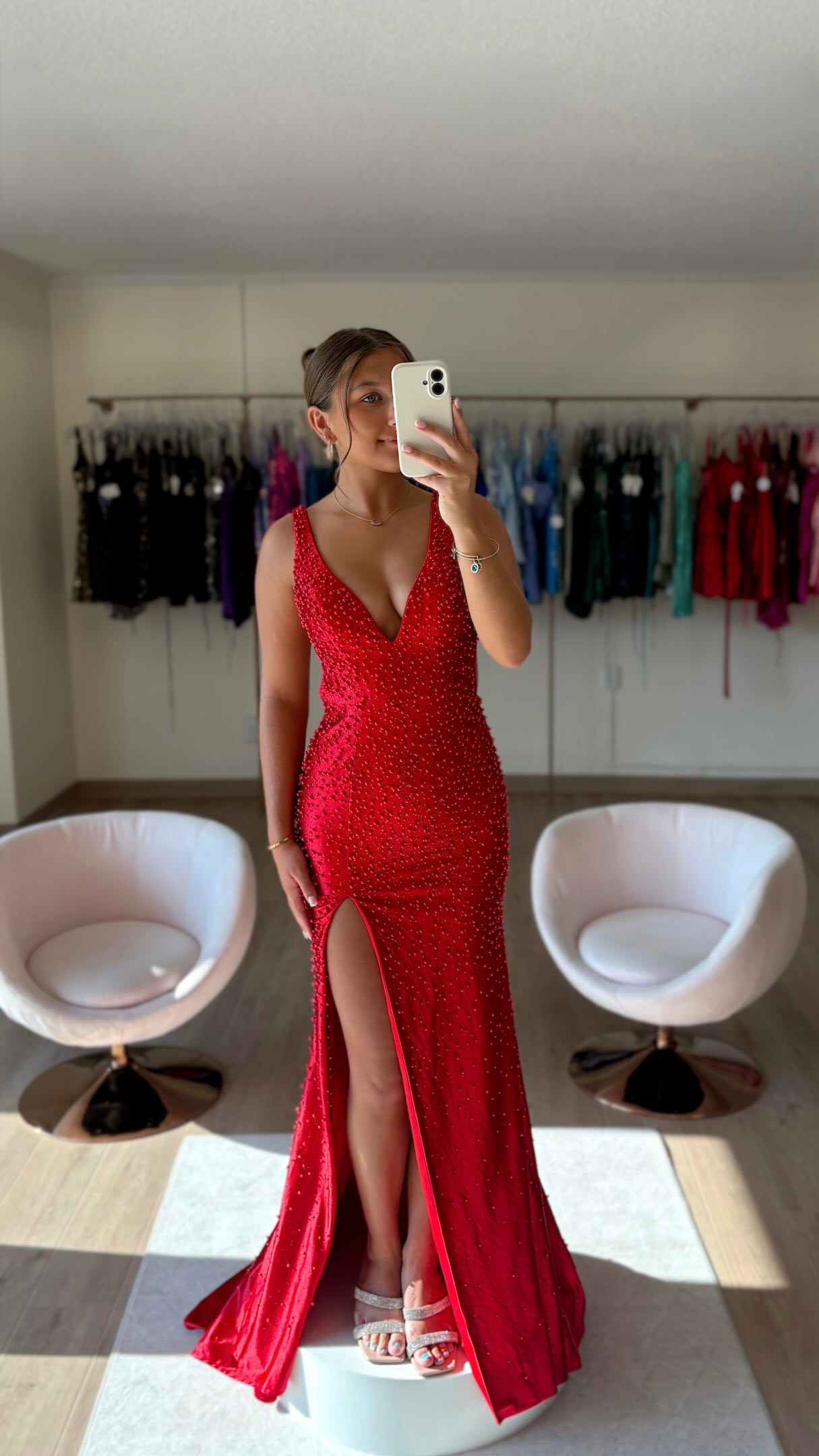 All Over Pearl Prom Dress Try-On: Red vs Light Blue at Haus of Ivory Sioux City