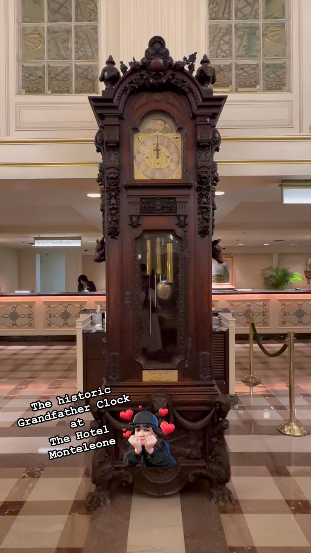The gorgeous antique grandfather clock at Hotel Monteleone! Carved