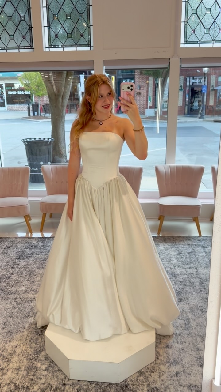 We are IN LOVE with this flowy satin A-line gown 🤍✨ The movement, the effortless silhouette, the dreamy satin… she’s giving timeless bridal with a romantic touch!, Come try her on in store at Simply 