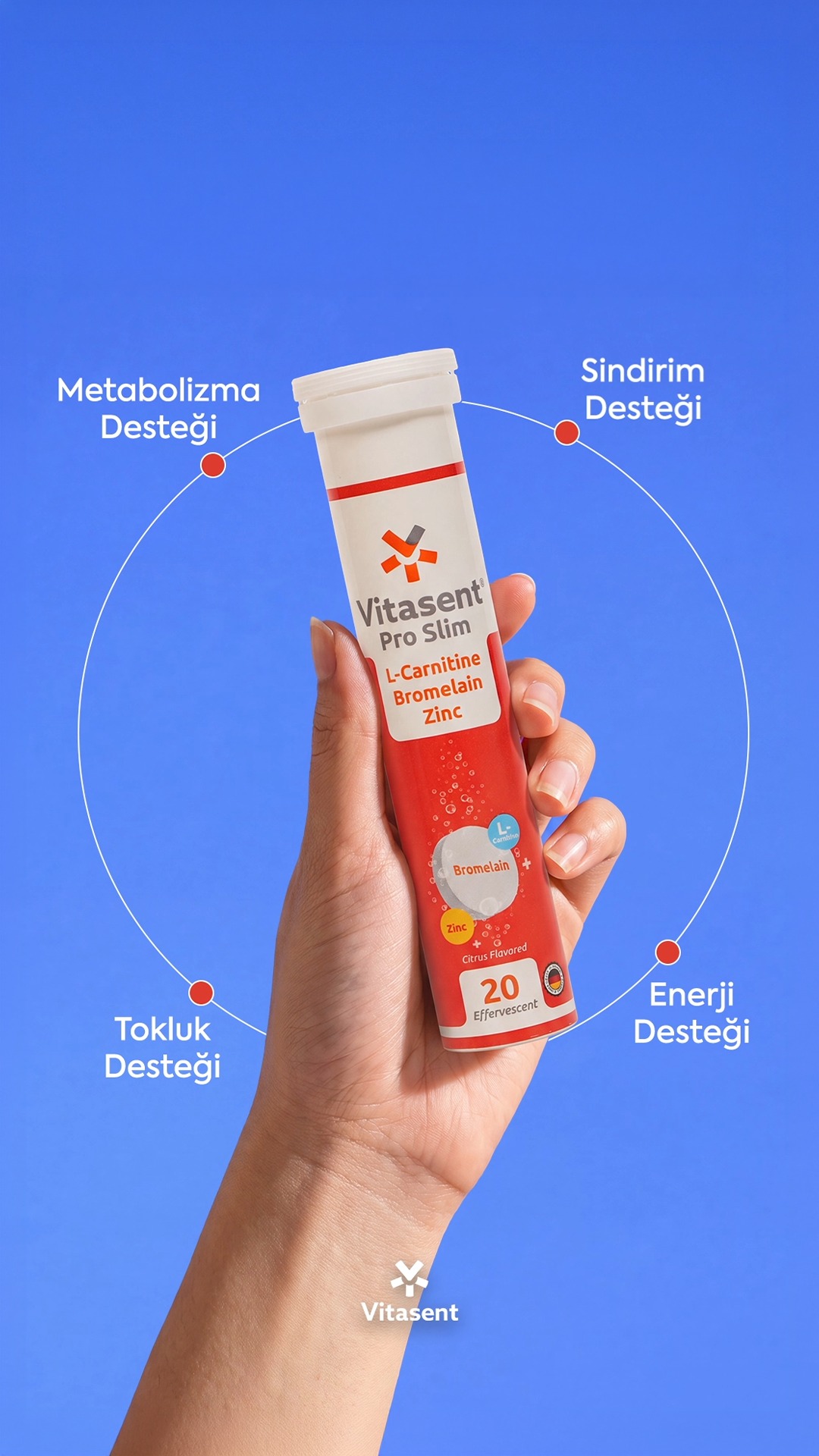 Günlük rutinine çok yönlü bir destek ekle., L-Carnitine, Bromelain ve Çinko içeren Vitasent Pro Slim; metabolizma, sindirim, enerji ve tokluk odağındaki beslenme rutinine pratik efervesan formuyla