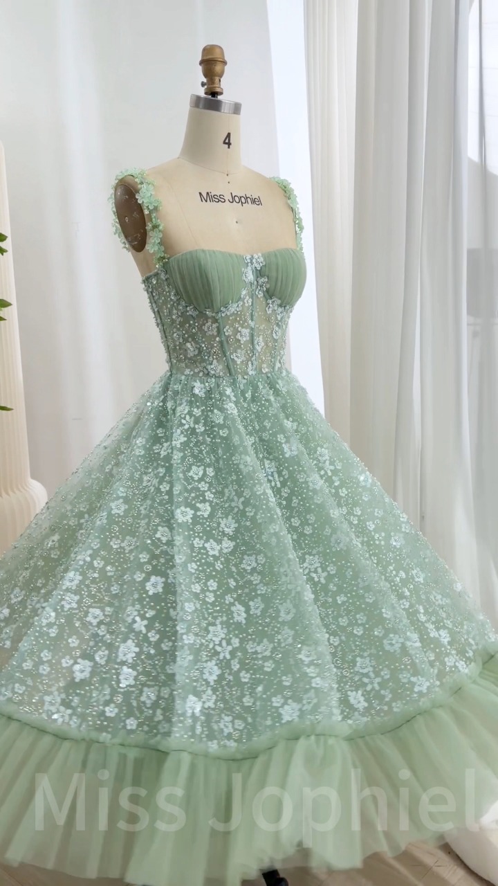 mint green dress for homecoming Making a corset floral sequin embroidery midi prom dress. , We always accept custom orders., #dress #gown #promdress #sewing #creative #fashion #fashionstyle #corsetdress #mididress Chiffon Color