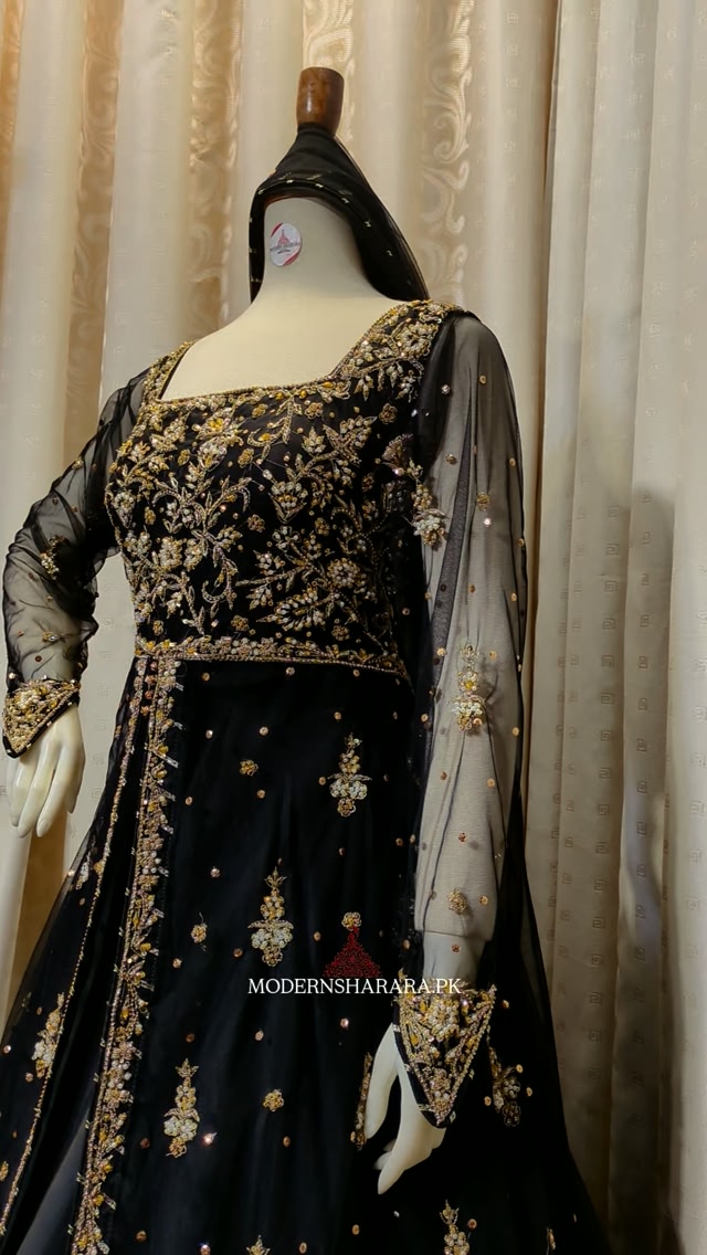 black and gold dress pakistani & Party Dress., Elegant front-open style frock with a wide sharara, detailed gold handwork & royal finishing — perfect for parties & festive occasions. ✨, Order Now & Queries + BMSM26