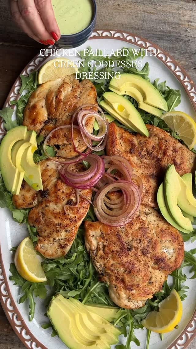 Chicken Paillard with Green Goddess Dressing. This recipe is the perfect weeknight dinner, and it’s an all new post on my blog. It’s absolutely delicious. The Green Goddess dressing is pretty much the 