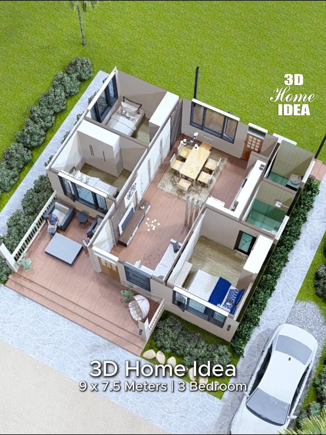 3D Home idea | 9 x 7.5meters | 3 Bedroom #fblifestyle #3dhomeidea # ...