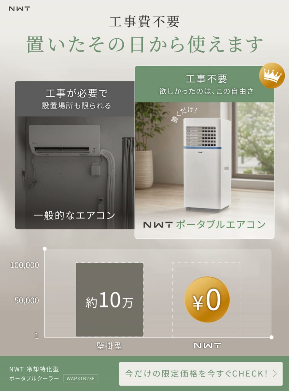 冷暖房・空調 【工事不要】NWT 冷却特化型ポータブルクーラー WAP31B23F