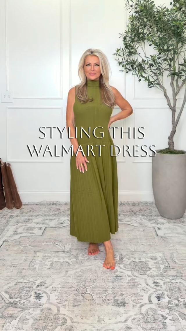 Styling a Green Walmart Dress With Boots and Blazer