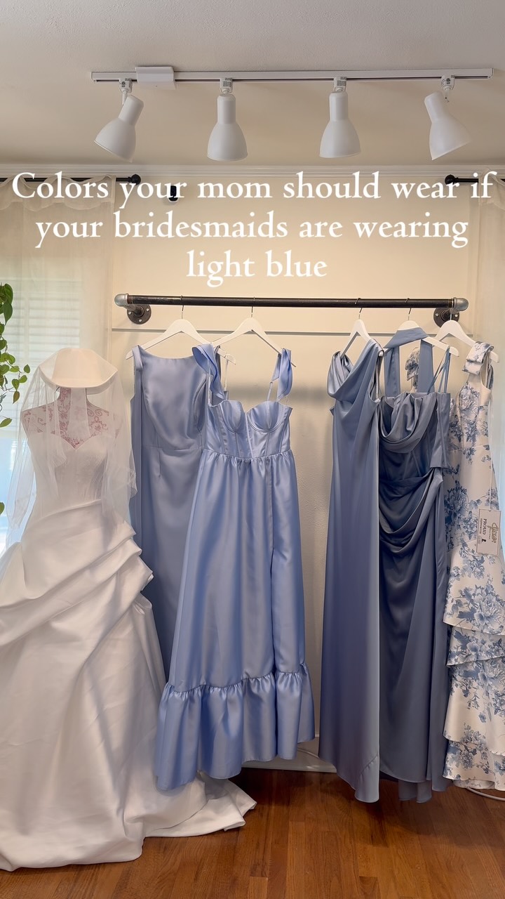 You loved our last one, so let’s do it again! 👀🩵, If the bridesmaids are wearing light blue, what should Mom wear?, Here are a few ideas that would complement the girls without having Mom match 