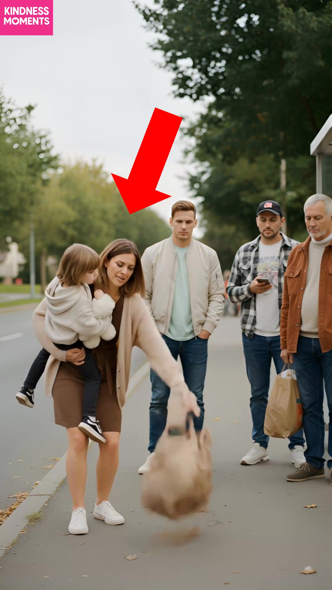 Unexpected kindness on the sidewalk as stranger helps a mother with her ...