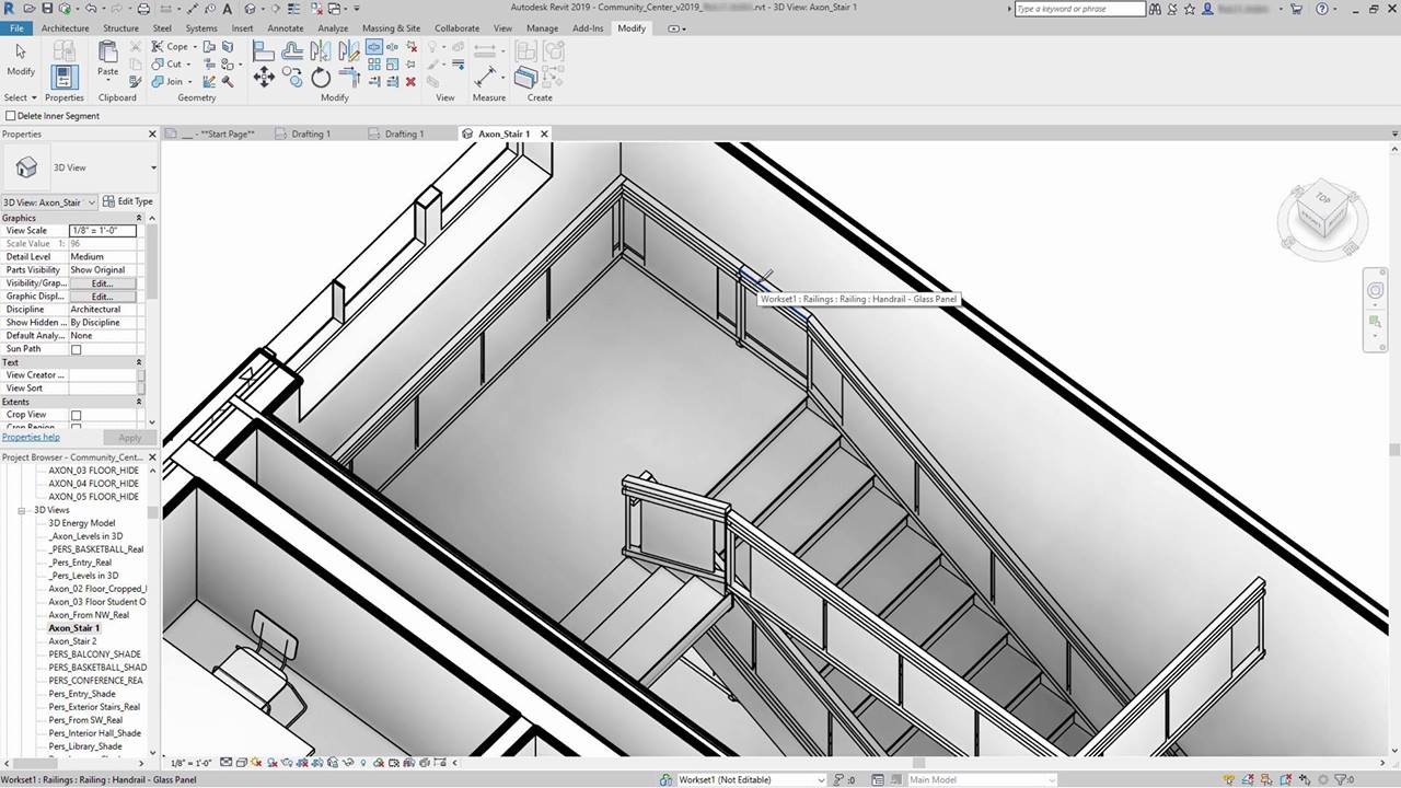 Use the Split tool on railing elements outside of the sketch mode. When ...