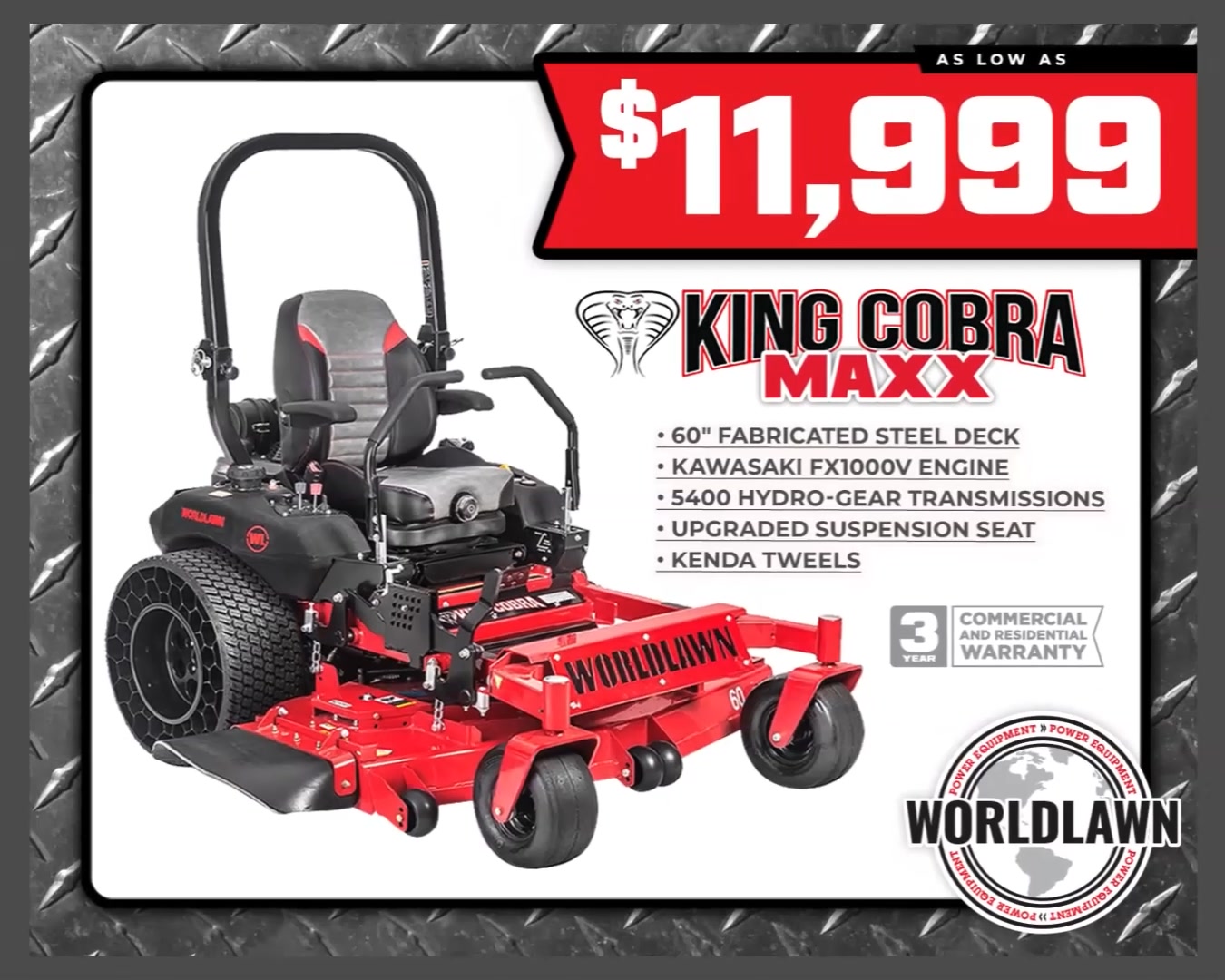 Big mower. Serious power. The Worldlawn® King Cobra on sale now at