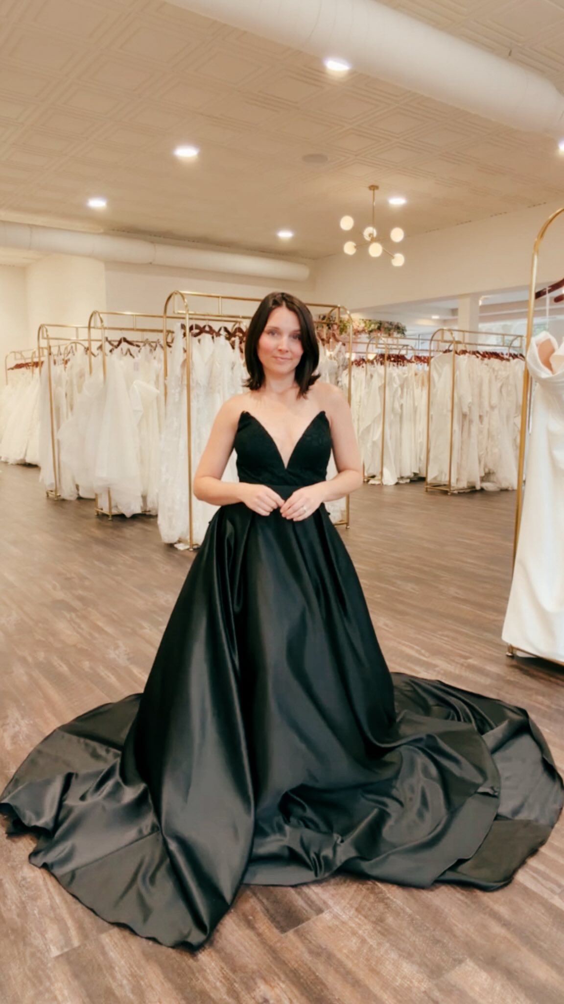 formal dresses columbus indiana Wait for it 🪄, She’s Hiromi by JH BRIDAL and she has such a fun surprise., If you’ve thought of a nontraditional color for your wedding dress, you’re going to love this., It’s a dream black bridal gold_sequin_lace