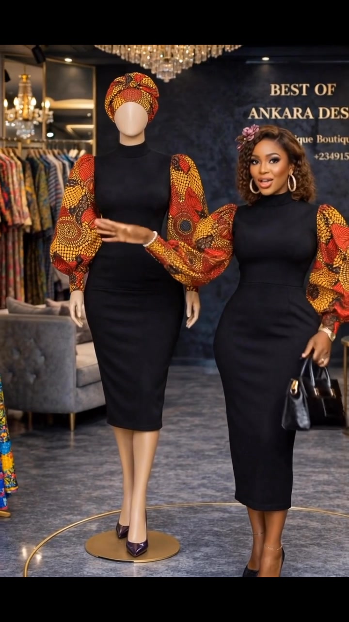 Simple. Classy. Unforgettable ✨, The perfect blend of sleek black and bold Ankara sleeves 🔥, Would you rock this to a wedding or a special event?, Available to order in wholesale., Available to shop 