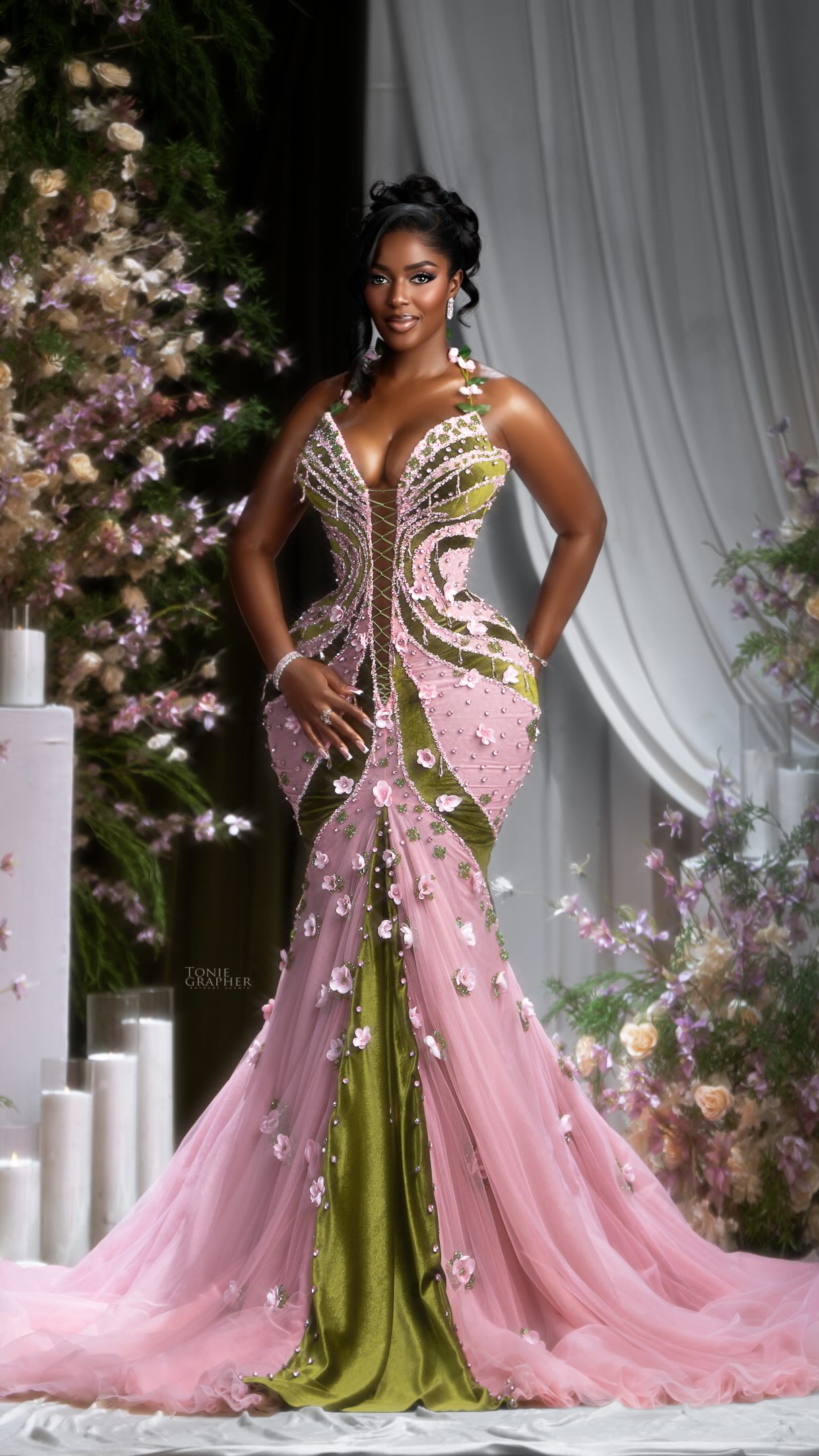 Hilda Baci Birthday Photoshoot in Pink and Green Floral Gown BTS
