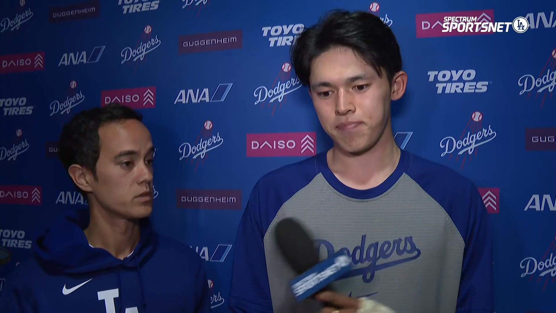 Roki Sasaki (5 IP | 4 H | 1 R | 1 ER | 2 BB | 3 K) speaks with the ...
