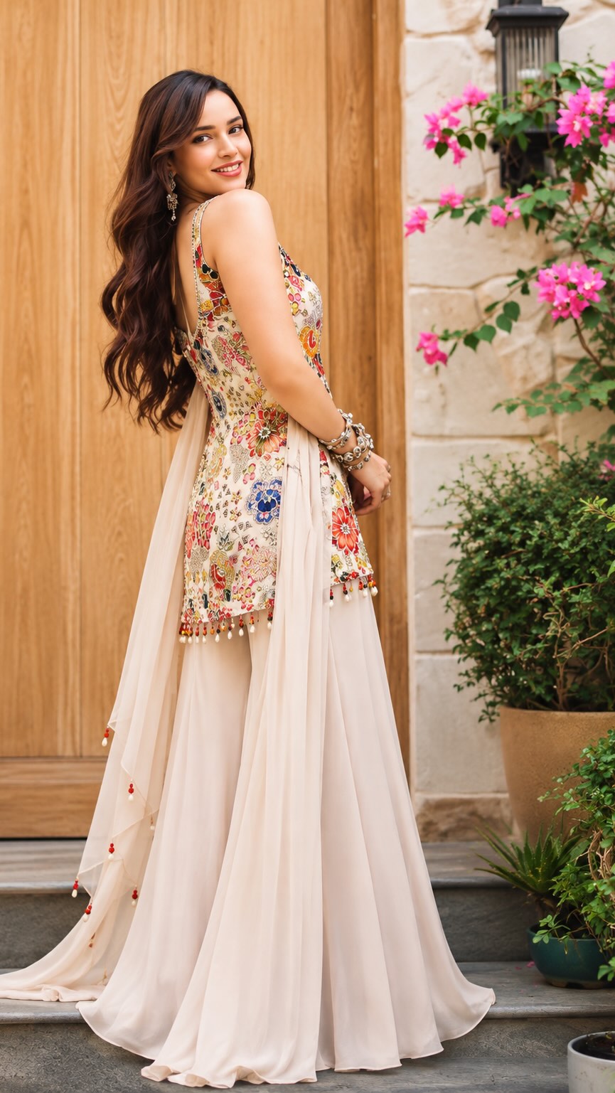 ✨ Statement Style Made for the Spotlight ✨, Turn heads in this elegant designer Indo-Western outfit featuring a beautifully detailed floral top paired with a flowy palazzo-style bottom. 🌸 Perfect for 