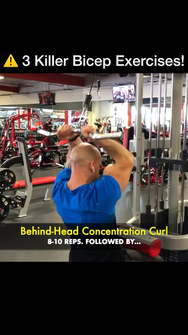 ⚡️ Bicep Blowout: 3 Moves, No Mercy! 1️⃣ Behind Head Concentration ...