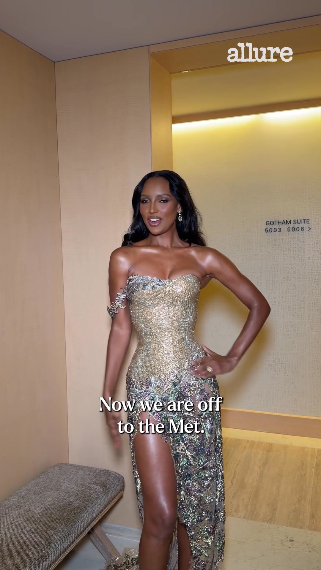 jasmine tookes gold dress Tookes' Golden Goddess Glam Met Gala Beauty Routine sleeves:sleeveless