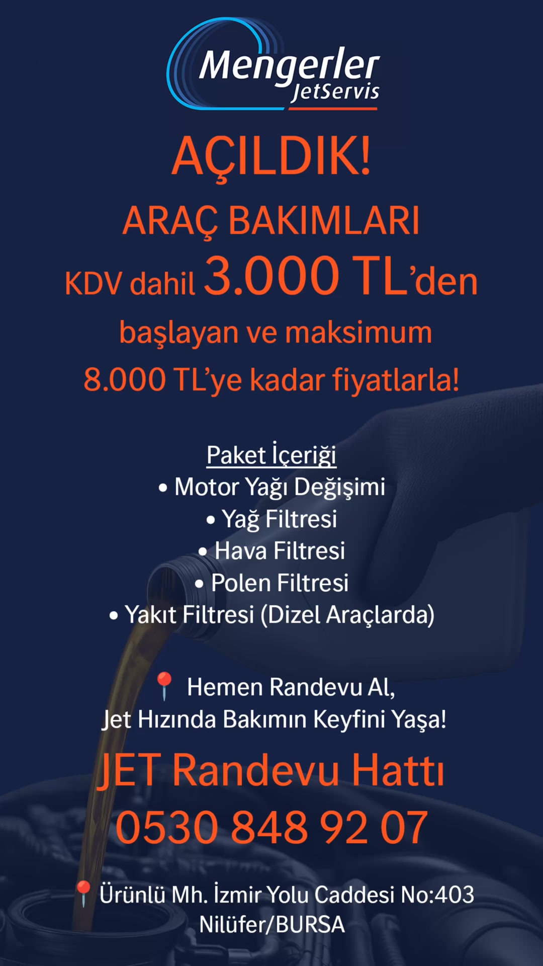 🚗 Mengerler Jet Servis Bursa’da, Yağ & Filtre Bakım Kampanyası Başladı