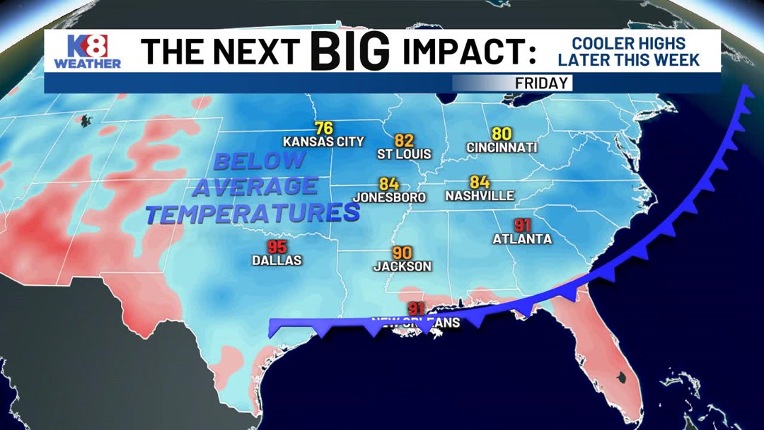 Above average highs will be replaced by below average highs by Friday ...